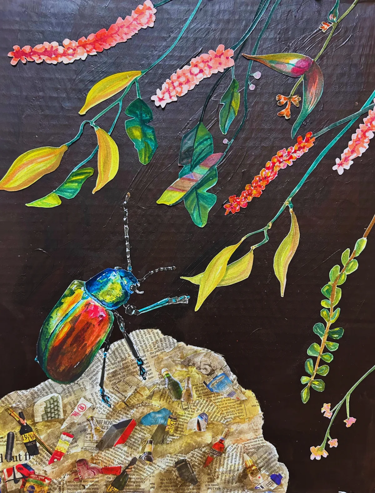 Collaged beetle reaching upward through layered botanical forms