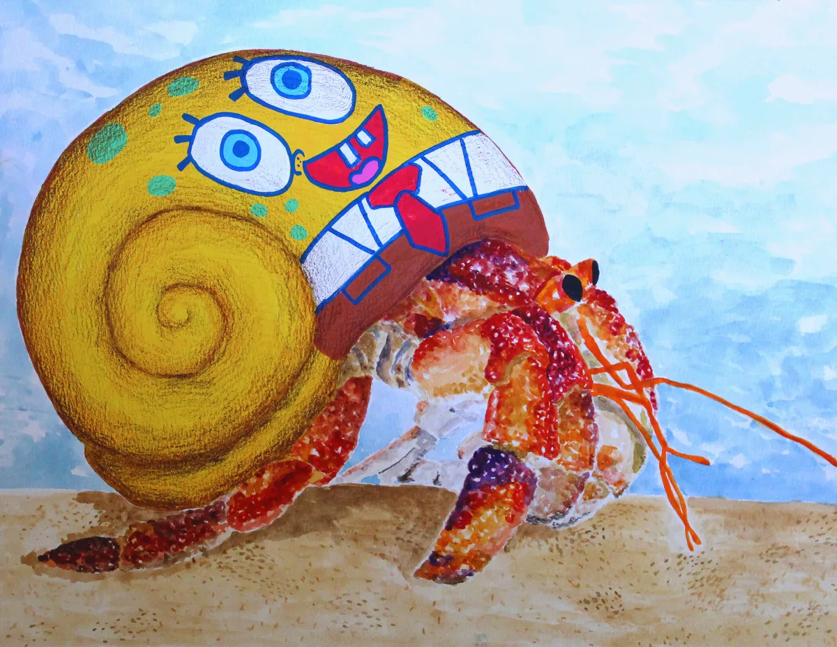 Detailed painted hermit crab with a patterned shell