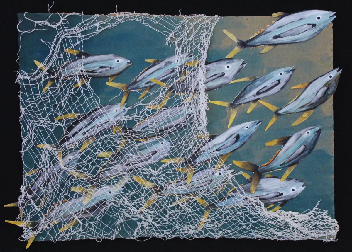 School of watercolor sardines gathered beneath fishing netting