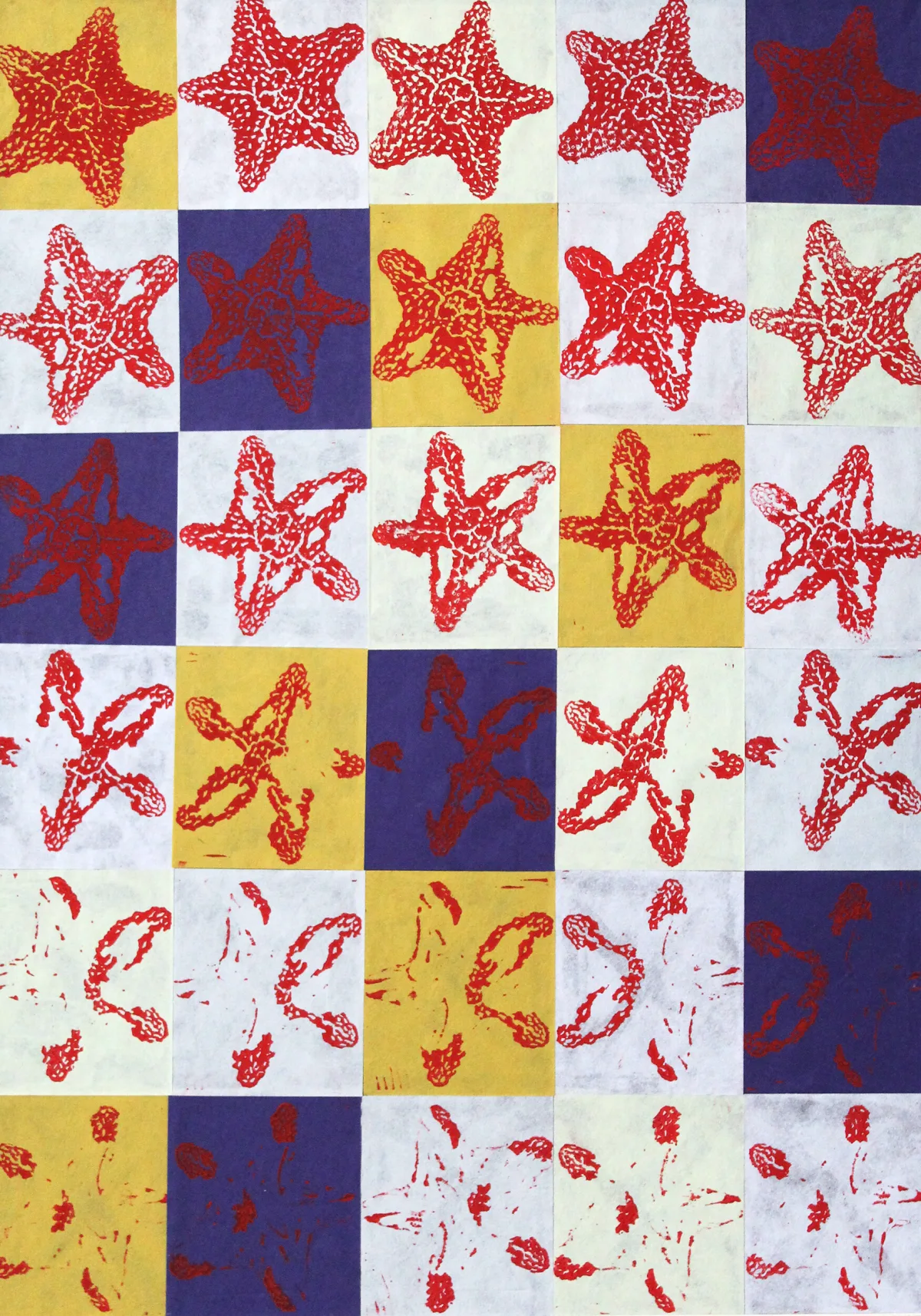 Repeated linocut sea stars progressively fragmenting from wasting syndrome
