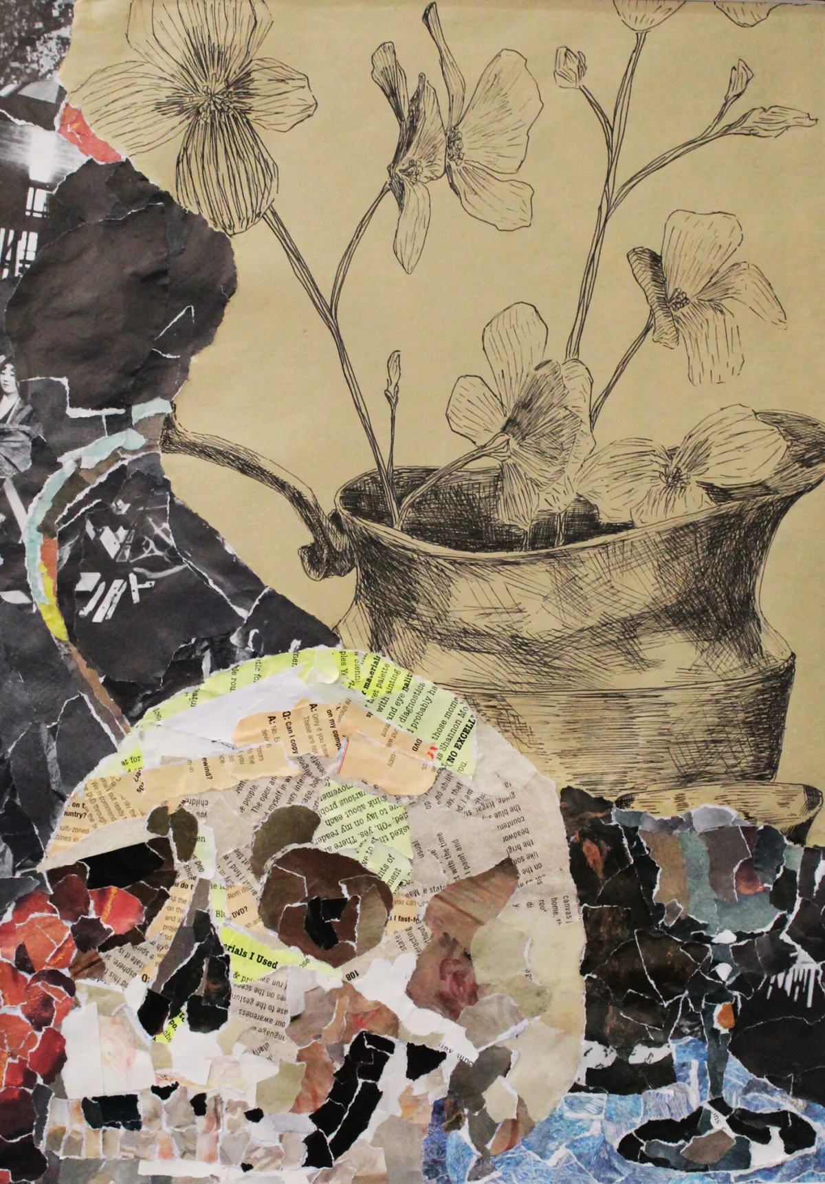 Layered magazine and ink still life with household vessels