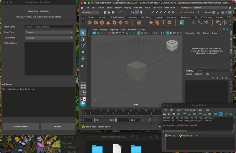 Animated demo of the Maya Asset Publisher validating and publishing an asset