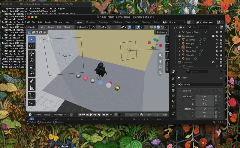 Animated comparison between a Blender-authored scene and its imported real-time renderer output